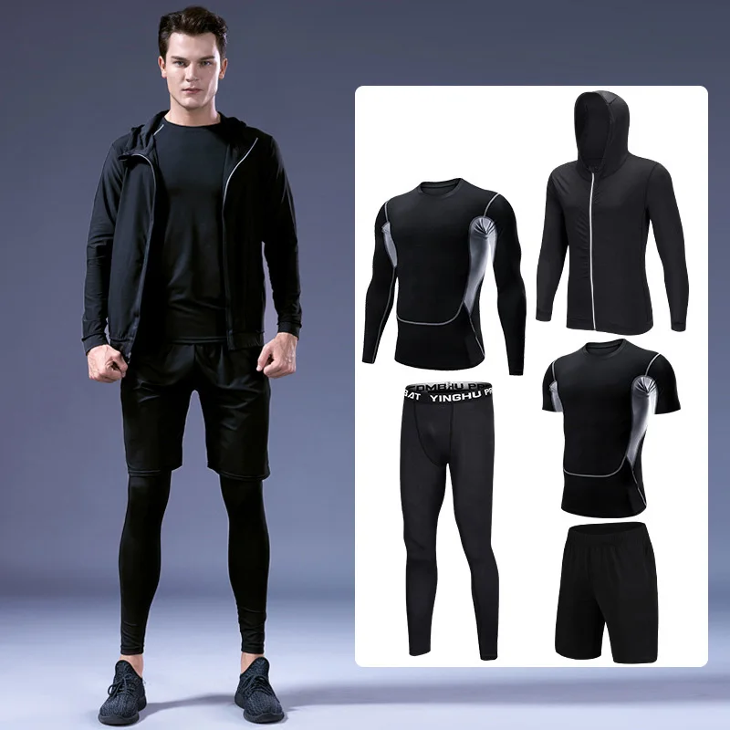 5 Pcs Mens Compression Set Running Tights Workout Fitness Training Tracksuit Short sleeve Shirts Sport Suit rashgard kit S-4XL