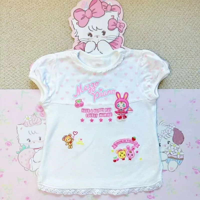 

Women's Kawaii T-shirt Japanese Retro Subculture T Shirts Vintage Harajuku Lace Stitching White Tees Female Cute Short Slim Tops