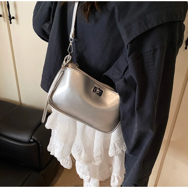 

Fashion Silver Women's Shoulder Bag Luxury Pu Leather Small Square Bag Simple Casual Ladies Commuter Crossbody Bags 2025 New
