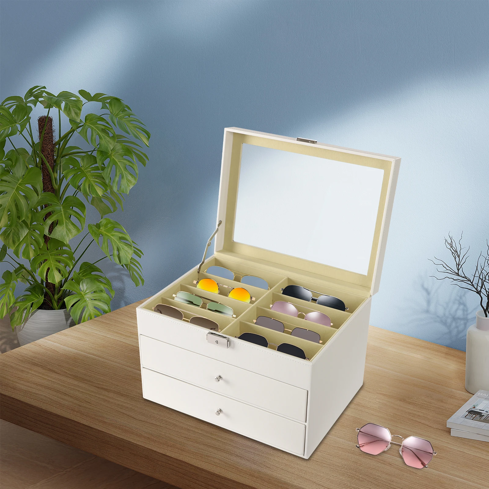 24-مقصورة عرض النظارات مادة PU 3-Tier تصميم 34*25*19 سنتيمتر حجم لوحة زجاجية صندوق تخزين النظارات المهنية