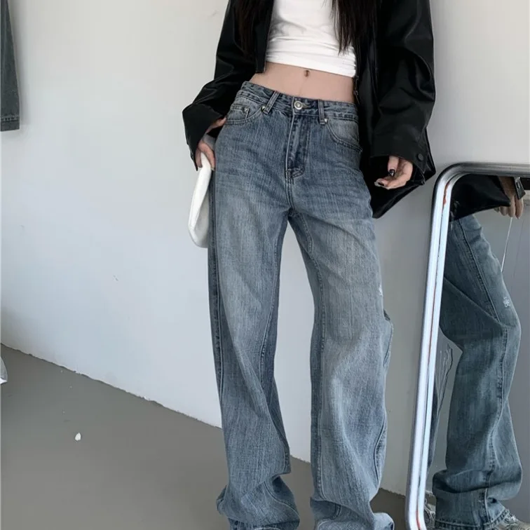 

Retro Washed High Waist Straight Leg Jeans Women's Personalized Print Loose Fit Long Pants Cotton Polyester Blend