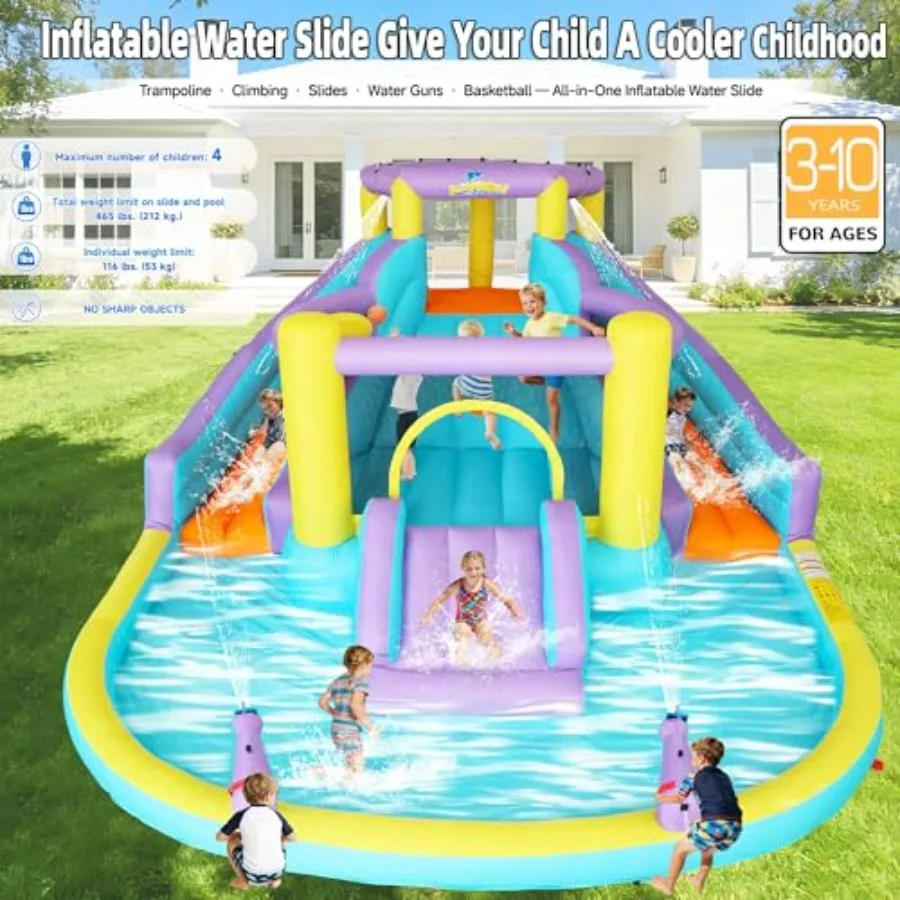 Outdoor backyard inflatable water slide bounce house for kids 3-10: PVC, blue/red, 7-in-1 with 3 slides, splash pool, climbing