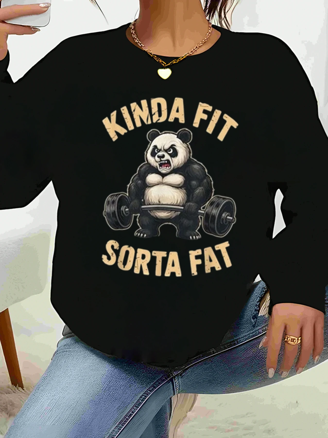 

Толстовка с длинными рукавами и принтом Panda Lifting Hantle Kinda Fit Sorta, повседневная одежда, женская мода