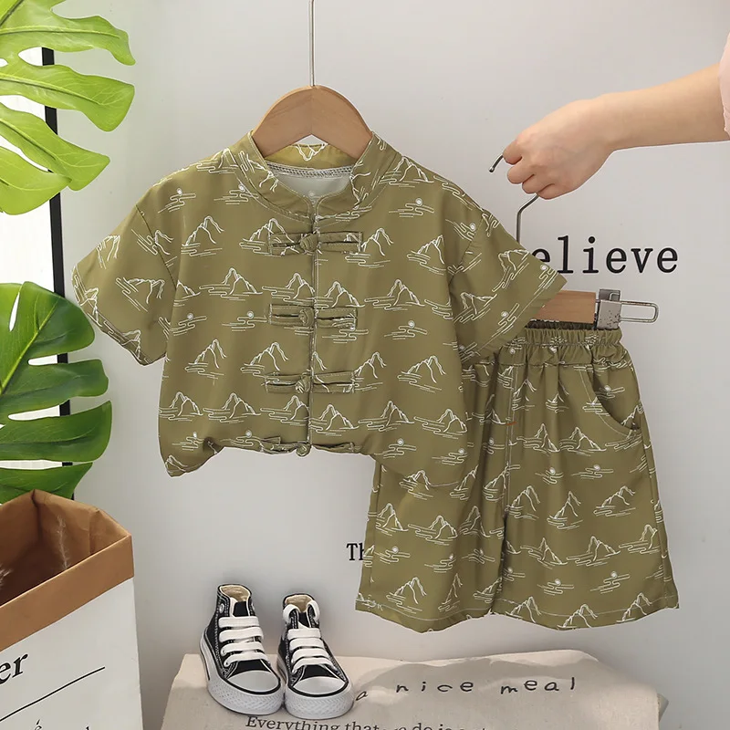 Toddler Boys Boutique Outfits 2024 Summer Baby Boy Clothes 1 To 5 Years Cute Full Print Landscape Shirt and Shorts Set Kids Suit