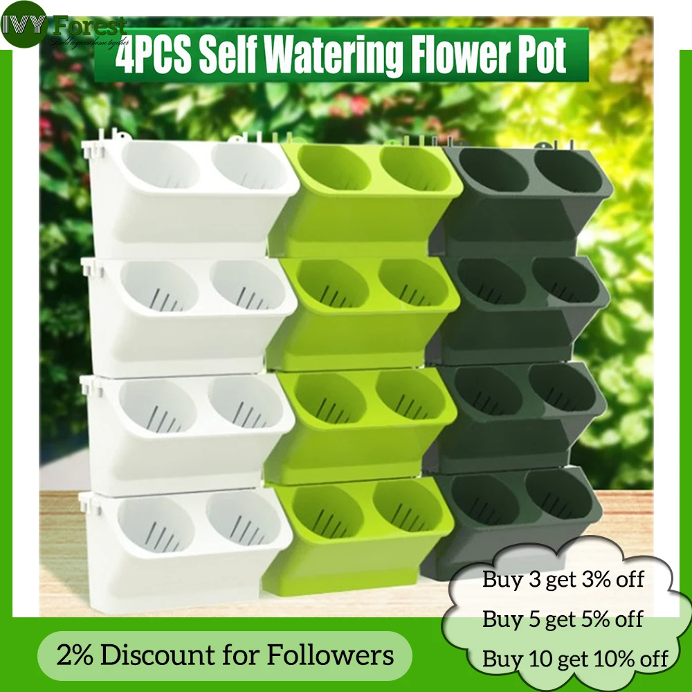 4pcs Self Watering Flower Pot Vertical Garden Planter Pocket Wall-Mounted Succulents Plant Bonsai Pot Home Balcony Decoration