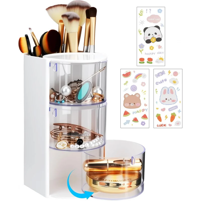 

3-Tier Clear Hair Accessories Organizer Makeup Brush Holder, Rotatable Jewelry Storage Box With Cute Stickers For Bows & Cl
