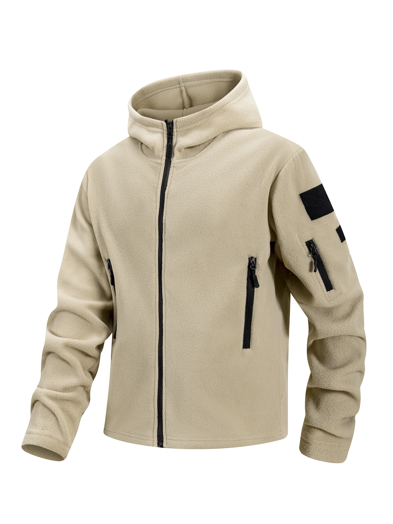 Men's Hiking Tactical Fleece Full Zip Hooded Jacket Multi-Zipper Pockets Design Autumn Winter Warm Outdoor Sports Coat for Men