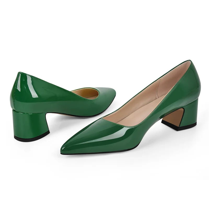 Onlymaker Women Pointed Toe Pumps Dark Green Patent Leather Block Slip On Thick Heel Elegant Chunky Heels