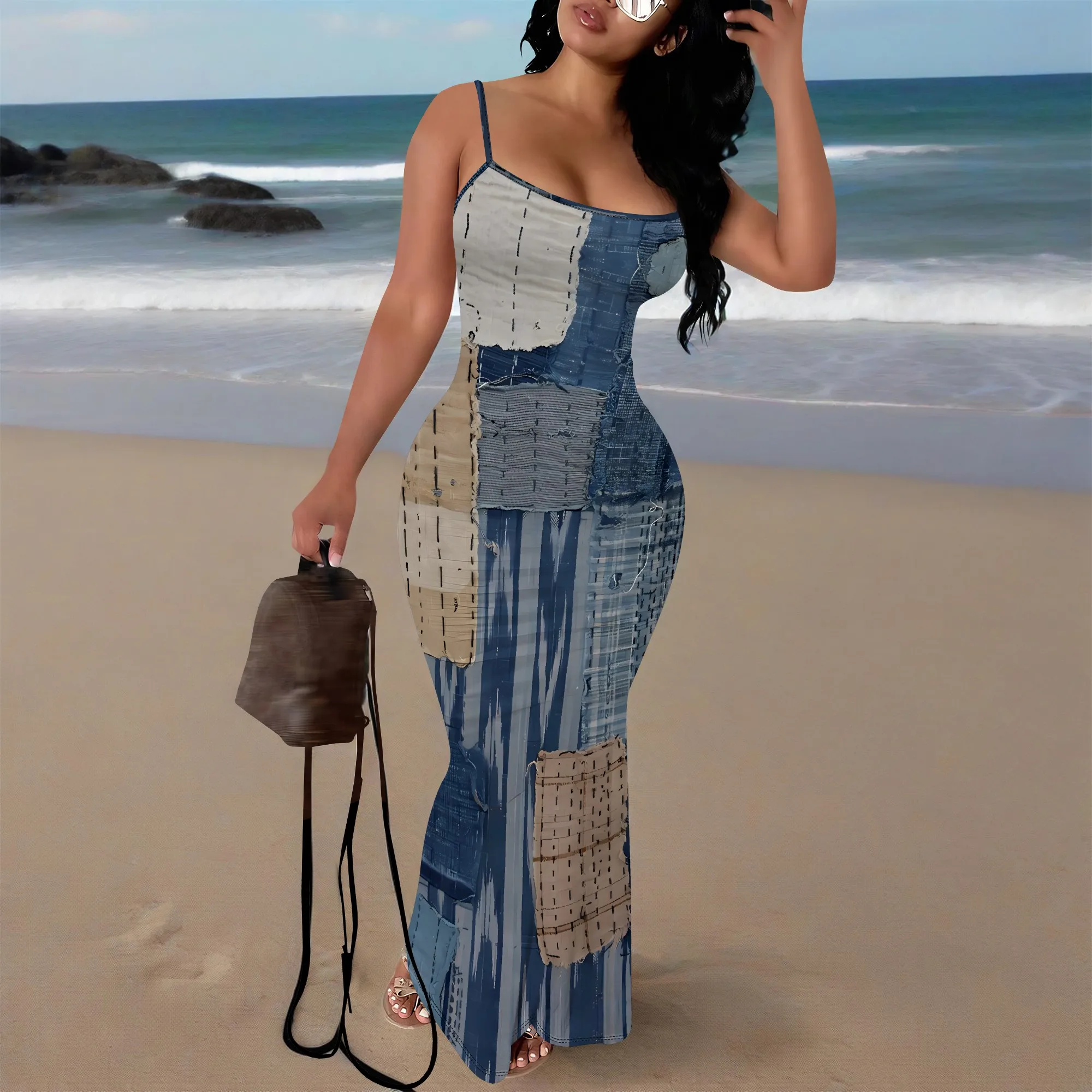 Abito lungo Boho Denim con stampa a punto patch Abito lungo aderente senza maniche aderente con cinturino per spaghetti Abbigliamento casual