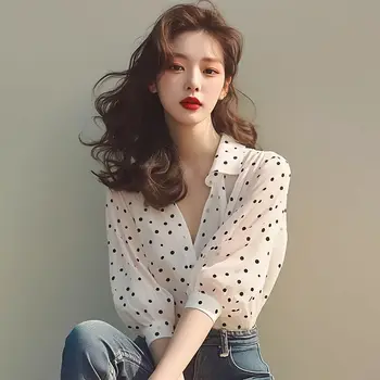 Weibliche Tops Punkte Kurzarm Damen hemd und Bluse Chiffon elegante soziale jugendliche Neuheit 2024 niedliche Kleidung Verkauf Basic XL