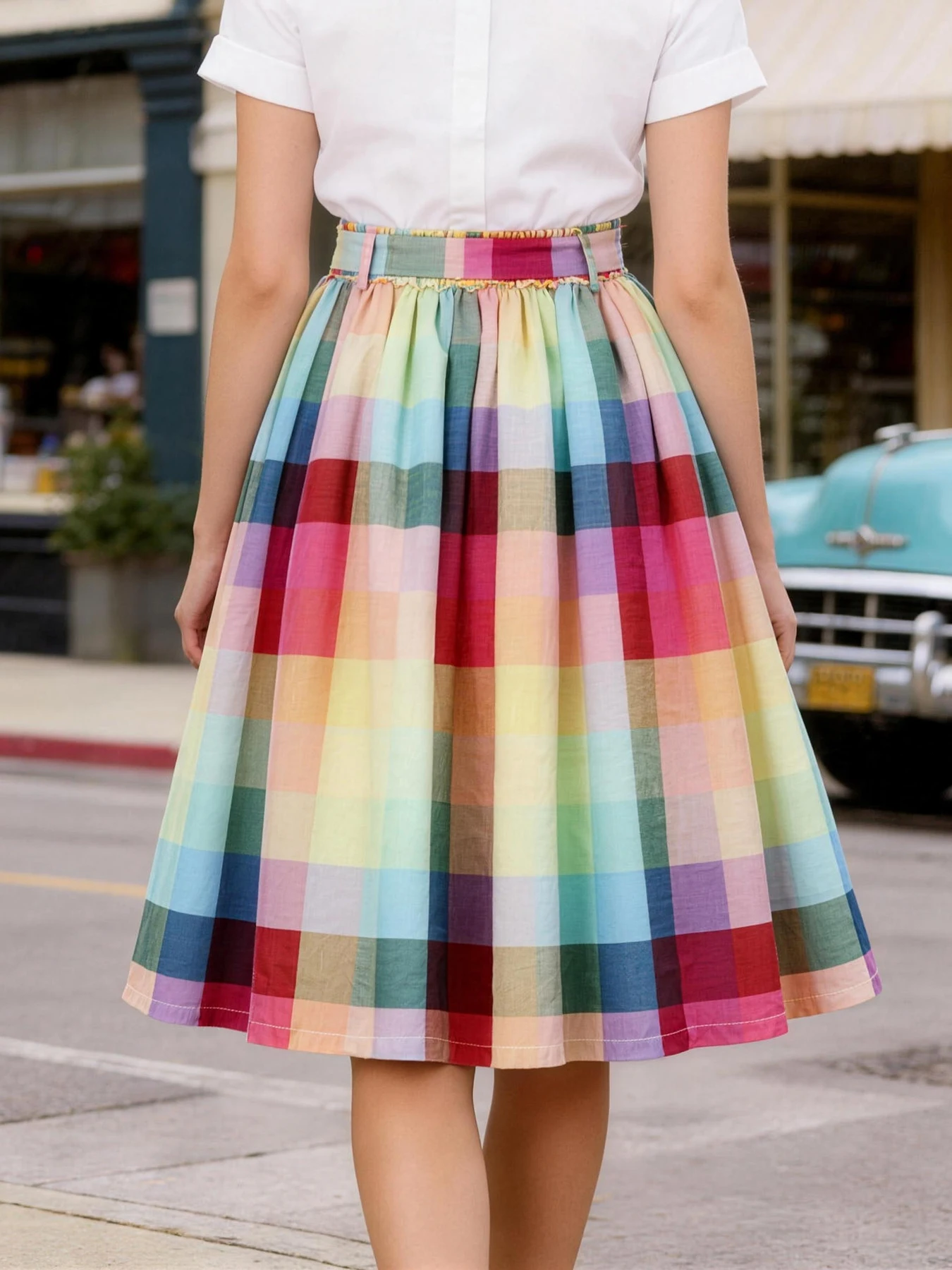 Tonval Rainbow Color Women's Skirts Summer Clothes 2026 Elastic Waist Vintage Pleated Belted Swing Colorful Skirt