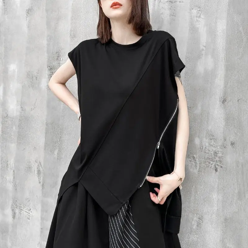 

2024 Summer New Fashion Versatile Women's Round Neck Solid Color Zipper Thin Irregular Commuting Short Sleeve Loose T-shirt Top