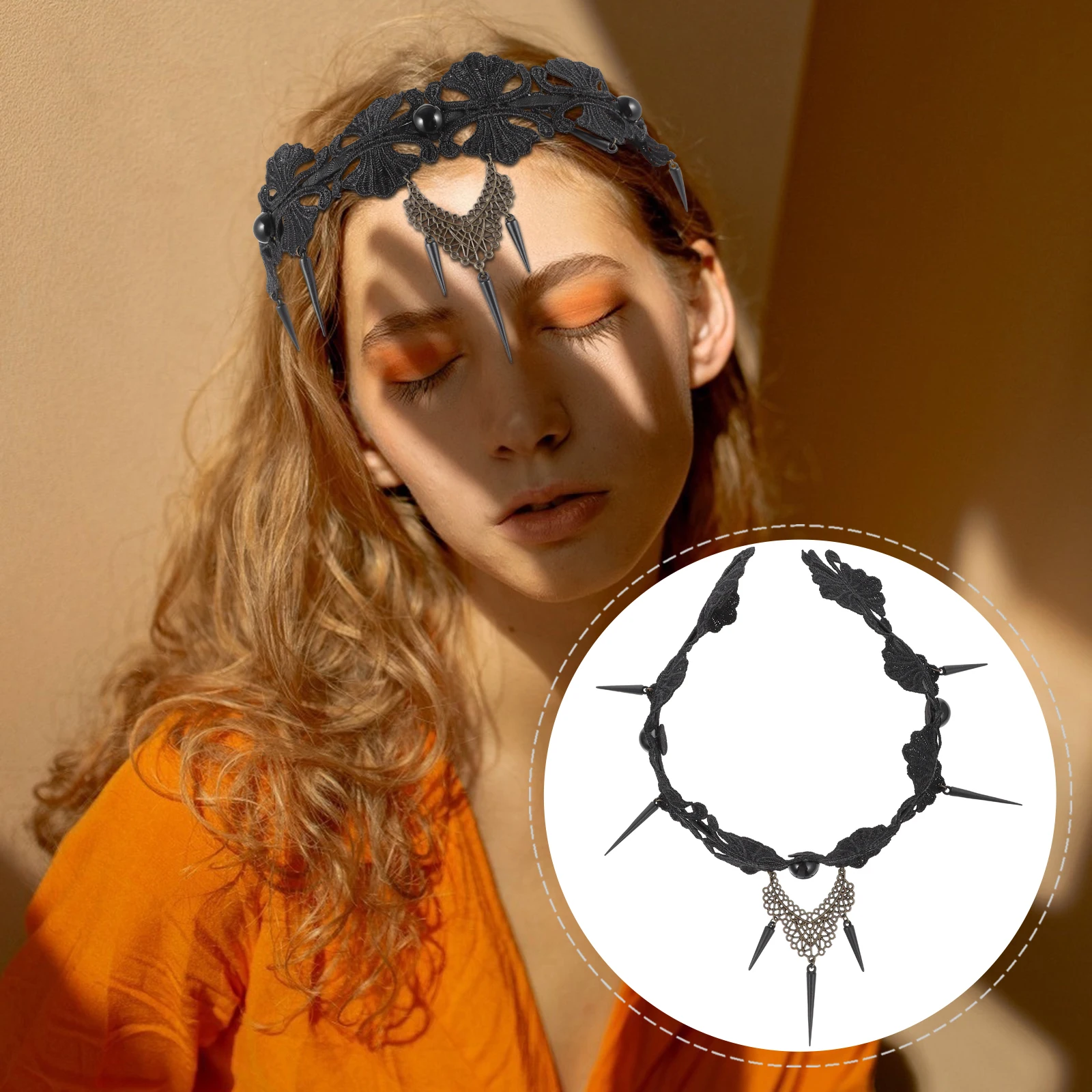 

2 Pcs Halloween Hair Band Lace Headband Forehead Crown Gothic Hairband Alloy Women's Black