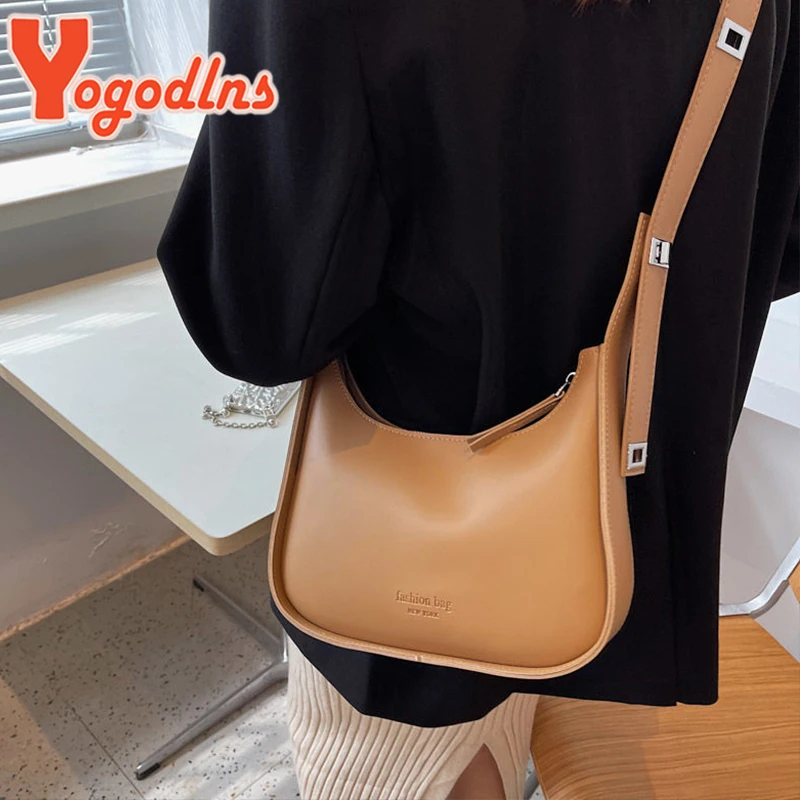 Yogodlns Vintage Half-moon Shoulder Bag For Women Soft Leather Underarm Bag New Crossbody Handbag Luxury Brands Armpit Bag