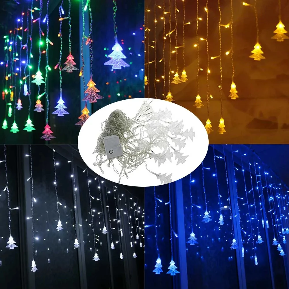 Outdoor Decorative Lamp String AC 220V Window Xmas The Eaves Railing Christmas Tree Pendant Decor LED Lamp String Belt Tail Plug