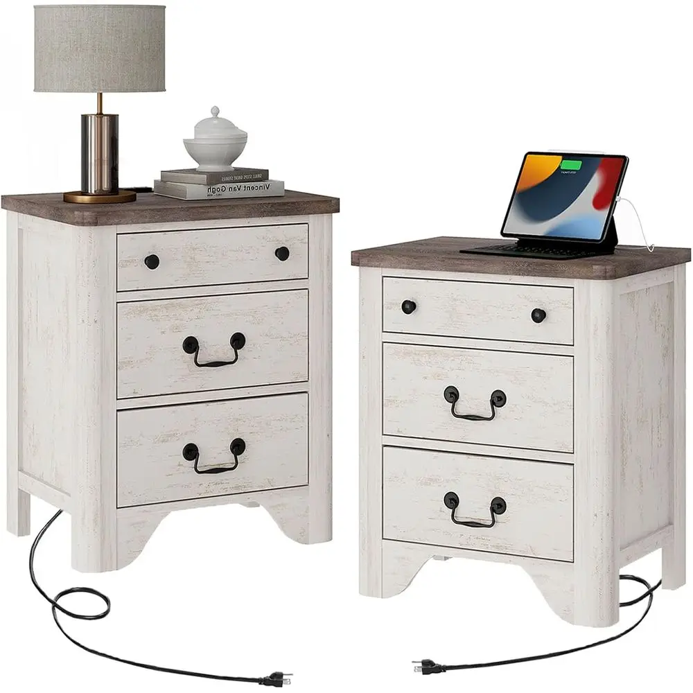 

armhouse Nightstand Set o 2,Wooden Nightstand with Charging Station with Large 3 Ders Storage Cabinet,White Night Stand Bede Tab