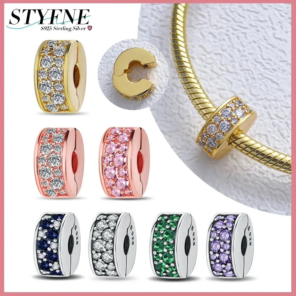 Original 925 Sterling Silver Pavé Zircon Fixed Clip Accessories Beaded Charm Fit Bracelet DIY Fine Jewelry Women's Gift