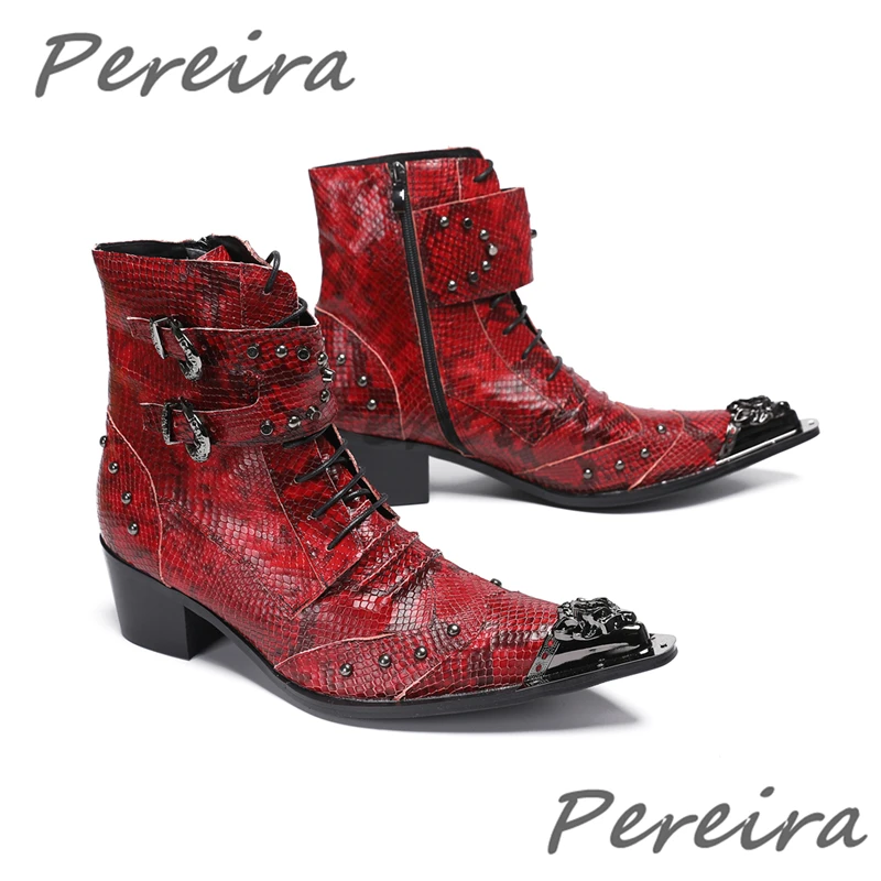 Luxury Genuine Leather Handmade Men Boots Red Snakeskin Pattern Rivets Chelsea Boots Metal Toe Belt Buckle High Heels Male Shoes