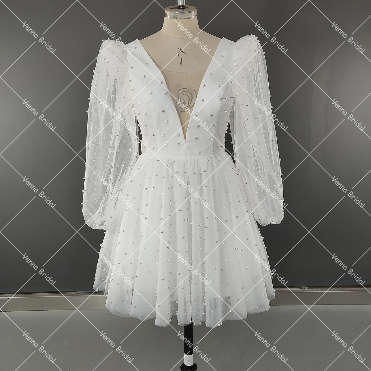 Pearls Mini Puff Bridal Gowns Detachable Bow V Neck Long Puffy Sleeves Customized Plus Size Real Photo Above Knee Wedding Dress
