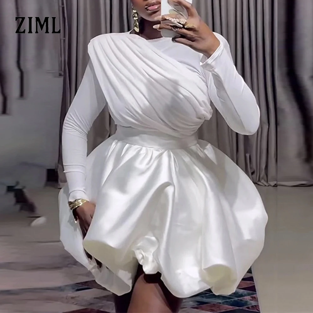 

ZIML Solid Slimming Elegant Mini Two Piece Sets For Women Round Neck Long Sleeve Top High Waist Skirt Sweet Folds Set Female New