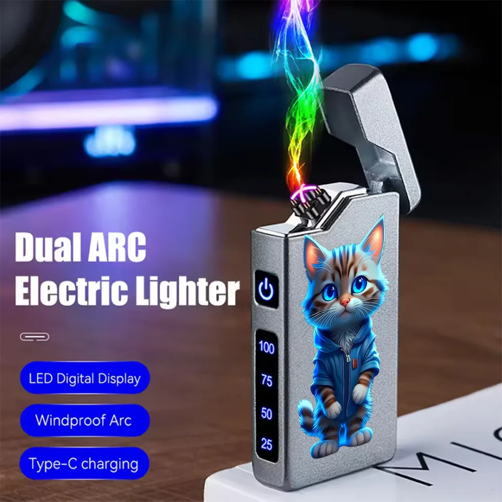 1pc Windproof Electric Arc Lighter, Cartoon Kitten Design, USB Rechargeable, Dual Arc, Flameless, Metal Shell, Long-Lasting, Portable, for Boyfriend, Camping, Valentine's Day, Christmas, Father's Day Gift