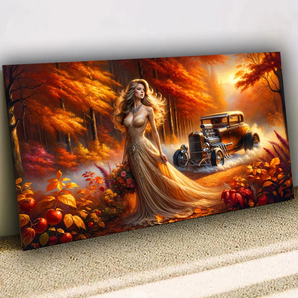 

Женщина в ярких осенних цветах, набор для алмазной живописи «сделай сам», фэнтезийный пейзаж, старый автомобиль, полная алмазная художественная мозаика для большого домашнего декора