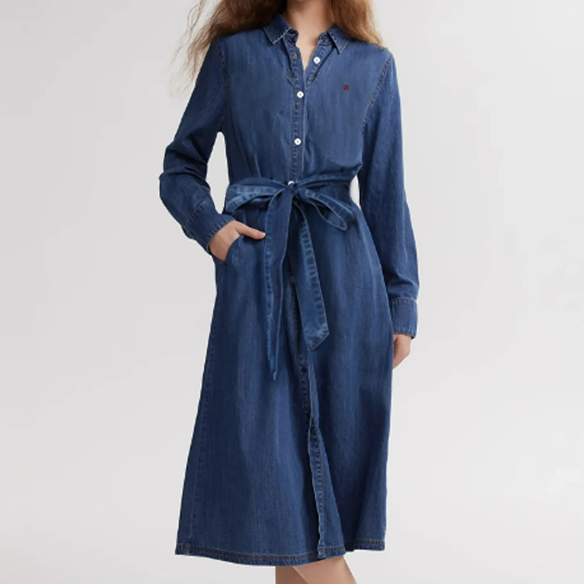 CHCH-Robe Longue Brodée en Denim pour Femme, Chemise Élégante à Col Polo, Manches sulf, Poches, Bureau