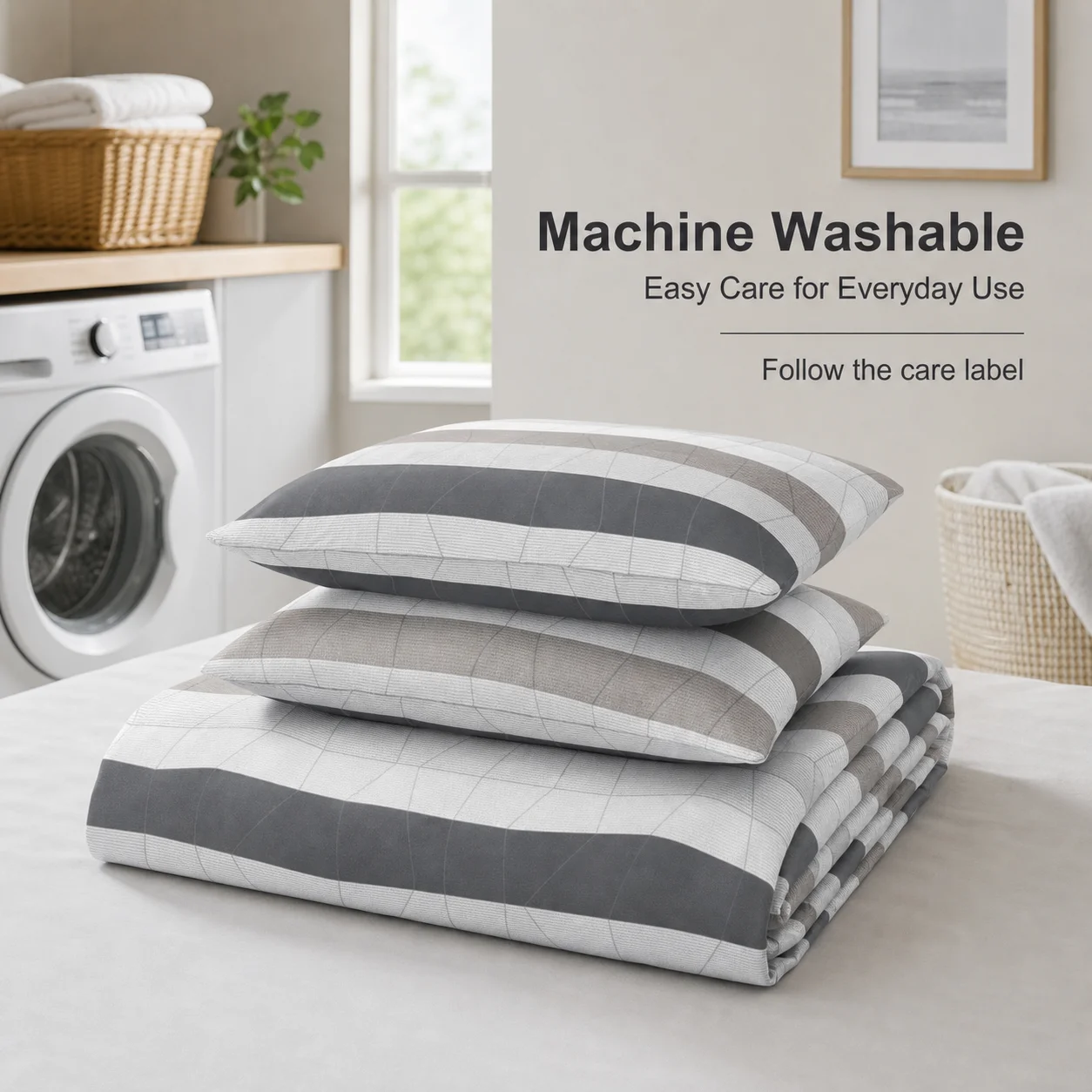 Ensemble de housse de couette rayée neutre 3 pièces, 160x200cm, housse de couette en microfibre grise à lignes géométriques avec 2 taies d'oreiller, décoration de lit simple et moderne pour toutes les saisons