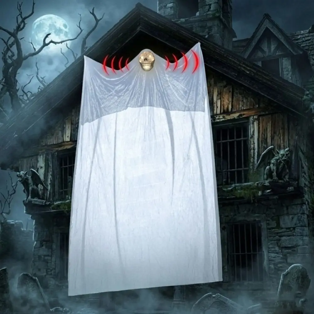 Party Accessories Scary Hanging Skull Ghost Mask Large Floating Ghost Ornament Interactive Glowing Halloween Mask Outdoor Decor