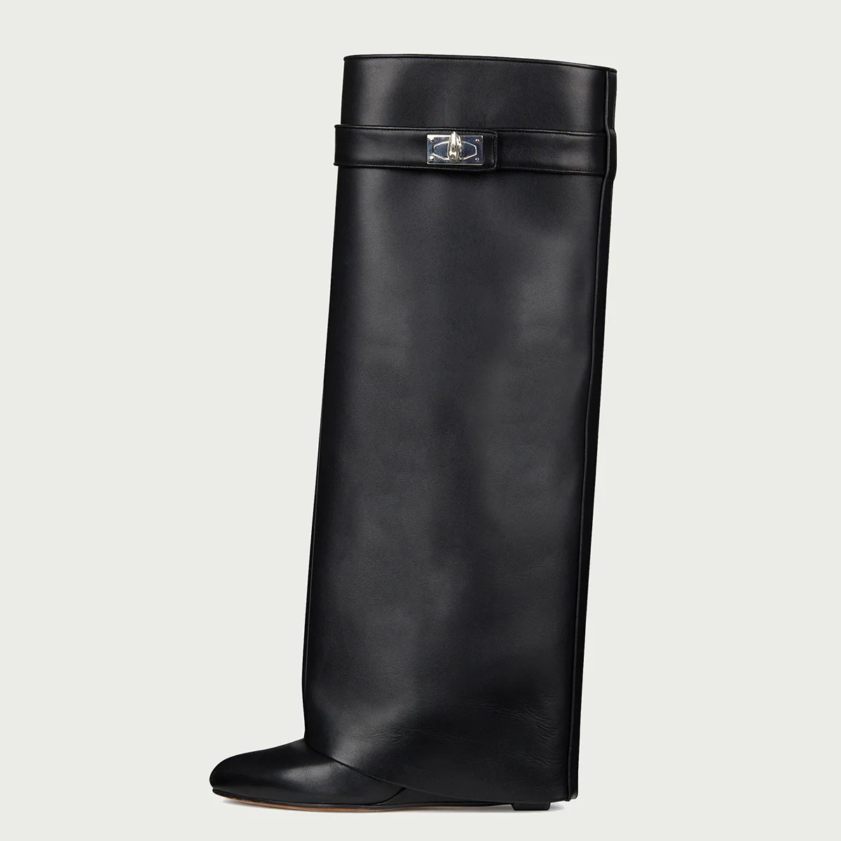 

2025 New round Toe High Tubc Booties Shark Buckle Mid-Calf Boots Slope Heel Pants Boot Women's Boots Metal Element PU Material