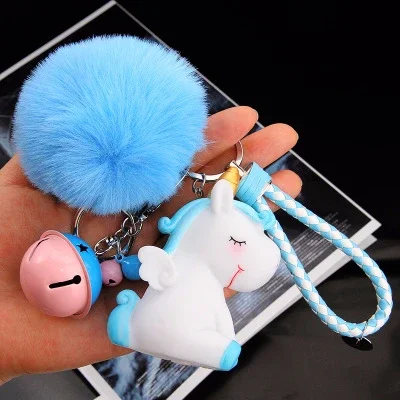 Lovely Unicorn Keychain BB Noisy Unicorn Doll Fur Pom Fluffy Ball Bell Faux Rabbit Hair Key Ring Toy For Women Girls Bag Pendant
