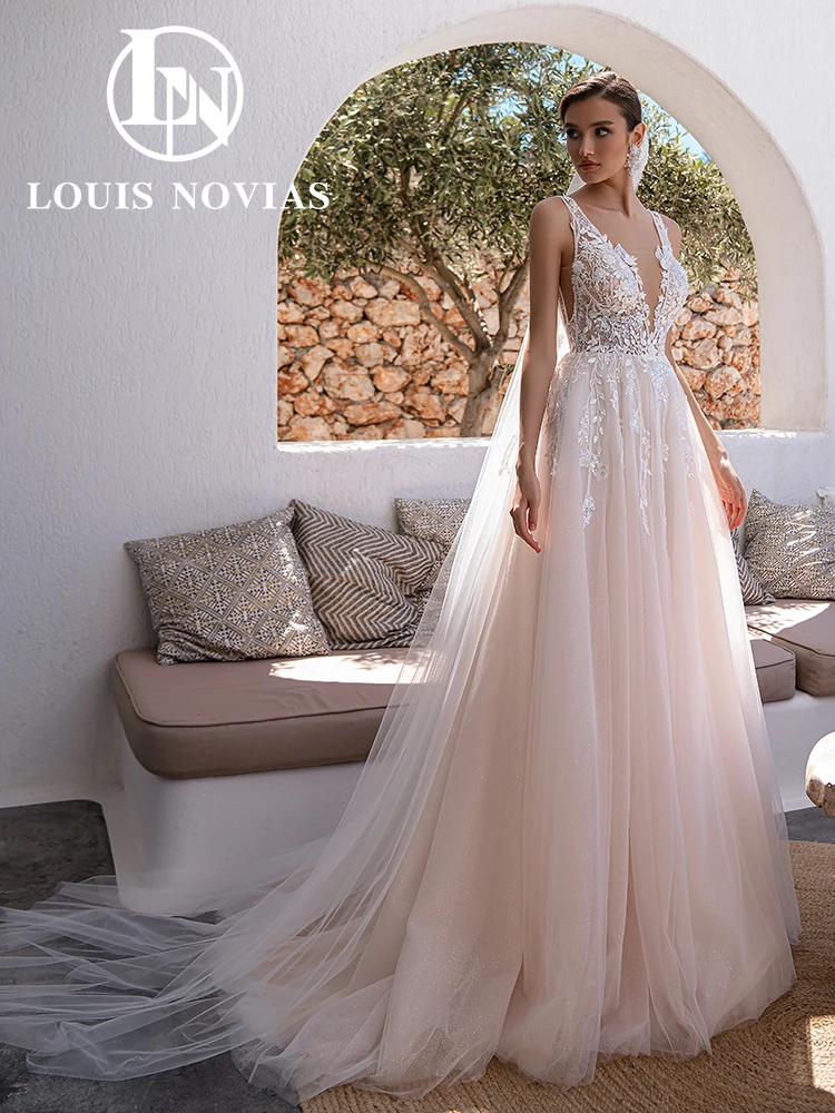 LOUIS NOVIAS A-Line Wedding Dress Sexy V-neck Removable Sleeves Wedding Gown Appliques Sequined Bride Dresses Vestidos De Novia