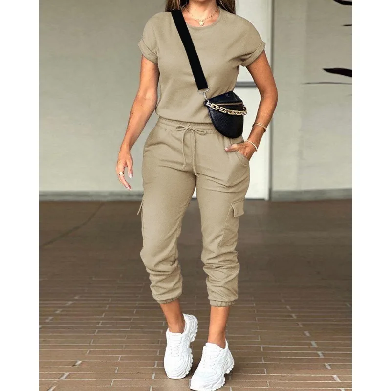 Women Short Sleeve O-Neck T-shirt Top Drawstring Pocket Mid Waist Overalls Suit 2023 Fashion Women Solid Color Loose Sports Suit