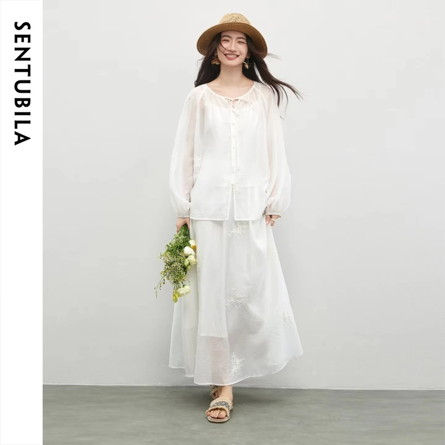 SENTUBILA Women's White 3 Piece Skirt Set Round Neck Tie Embroidery Puff Sleeve Blouse Matching Camisole Midi Skirt 161ZK4738