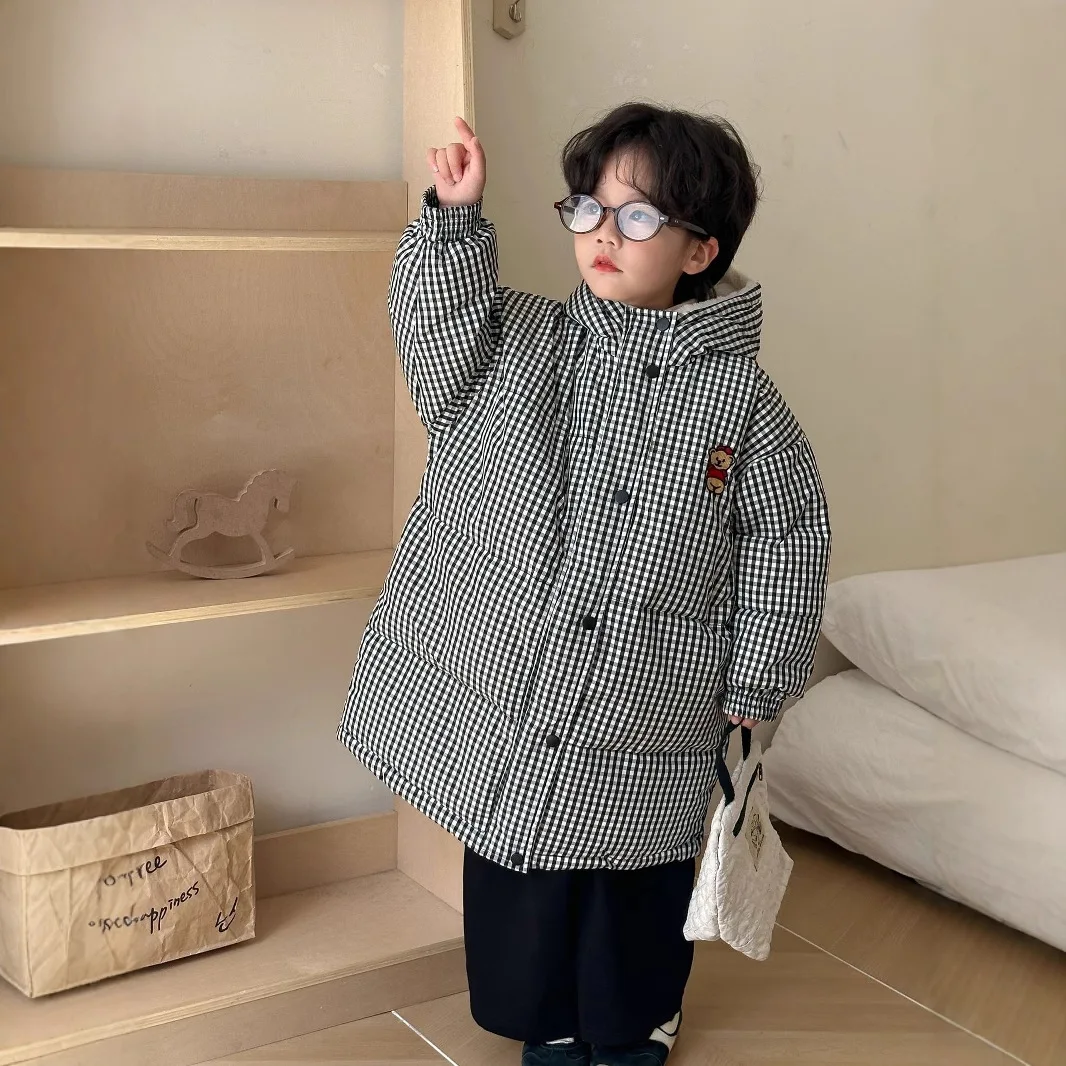 

Children's Down Jacket for Boys and Girls Mid To Long Length Over The Knee Thick Hooded Warm Down Winter New Plaid Cotton Jacket