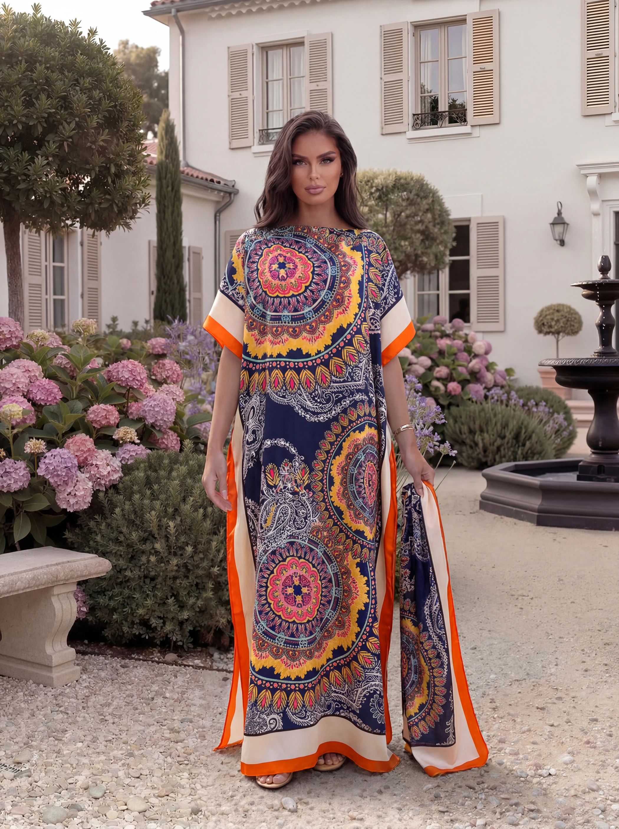 Bohemian Mandala Print Satin Abaya with Matching Scarf, Loose Long Kaftan Dress, Summer Beach Outfit for African Muslim Women