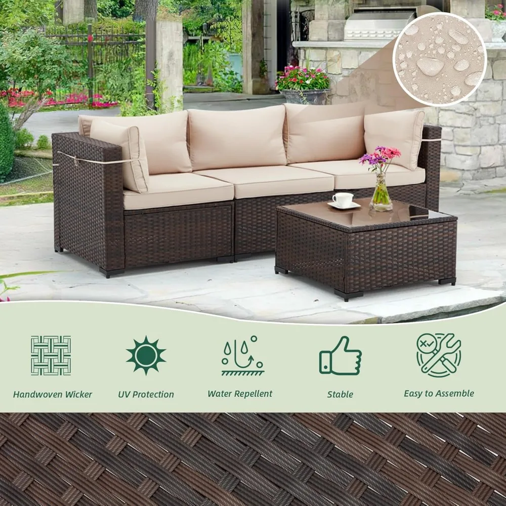 4-Piece Patio Conversation Set, All- Weather Wicker Patio Couch with Tempered Glass Table, Waterproof Cushions with Straps, Out