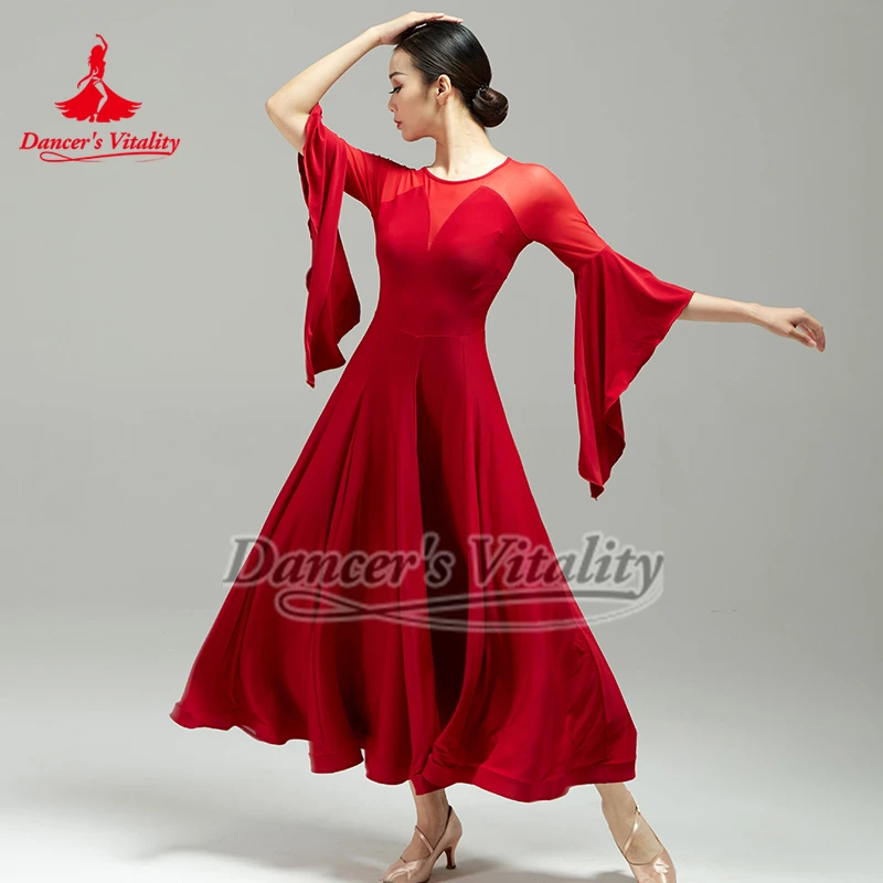 Ballroom Dance Training Course Adult Dance Group Performance Attire Female Half Sleeves Waltz Foxtrot Practise Big Swing Dresses
