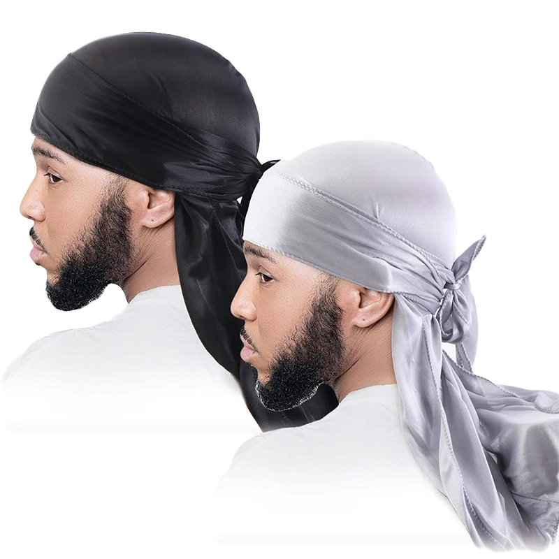2 sztuk/partia unisex mężczyźni kobiety satynowa oddychająca jedwabista Durag długi ogon Doo Rag kapelusz piracki z pałąkiem na głowę Turban chustka Durag nakrycia głowy