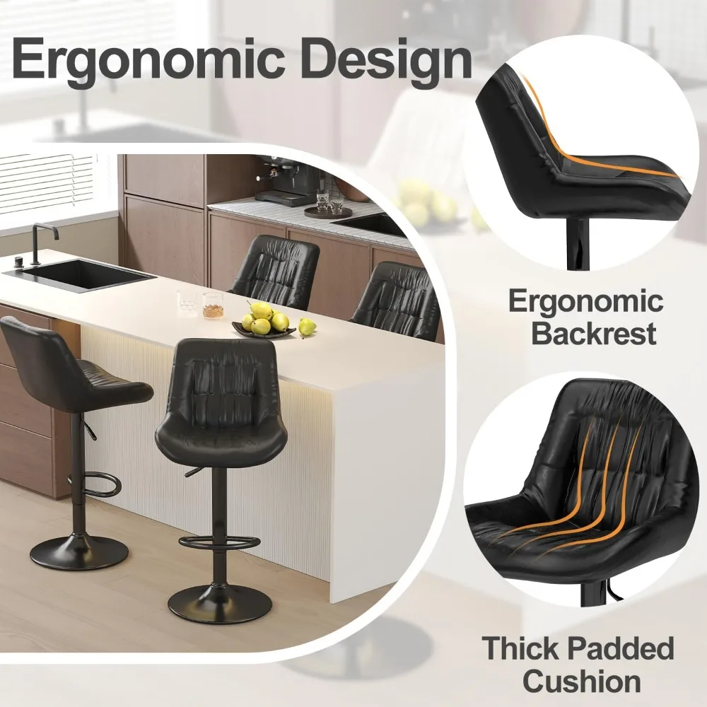 Bar Stools, Adjustable PU Leather Swivel Barstools, Modern Counter Stools with Back and Footrest, Counter Height Barstools