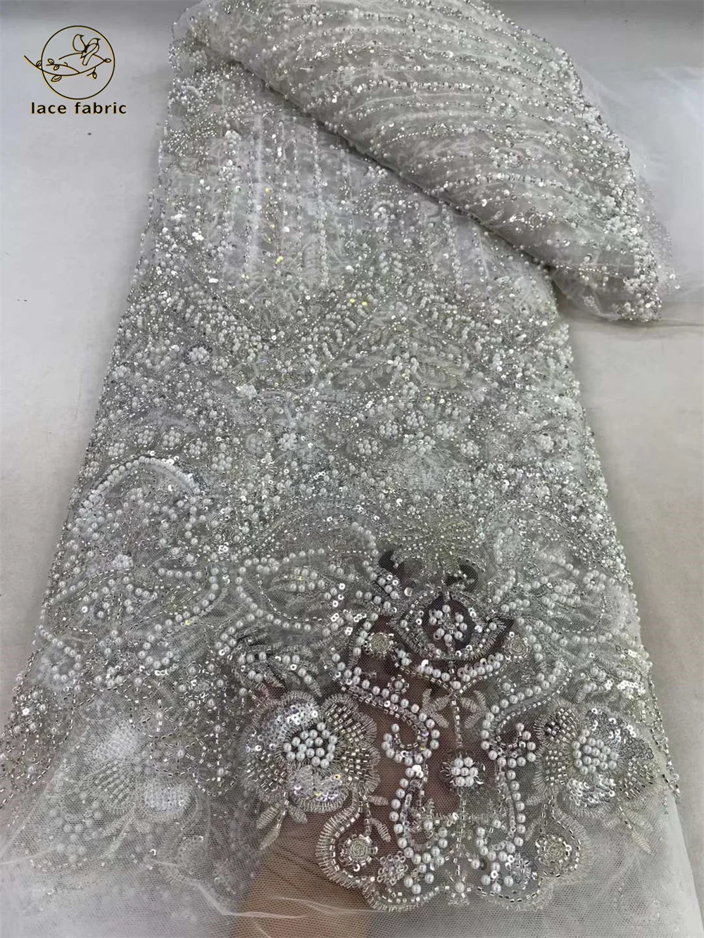 Luxury Hand Beaded Lace Fabric Bridal Fabric High-end Wedding Fabrics French Nigerian Sequins Beads Embroidered on Tulle 5 Yards