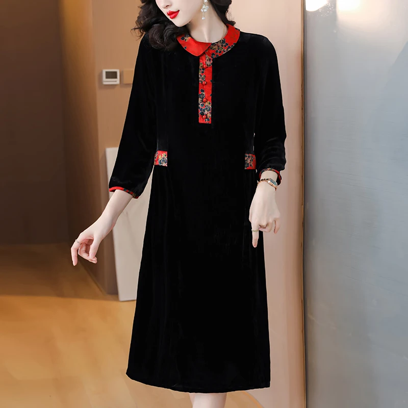 Black Velvet Long Sleeve Polo Collar Midi Dress Women Korean Vintage Dress Autumn Winter Thick Warm Elegant Dresses