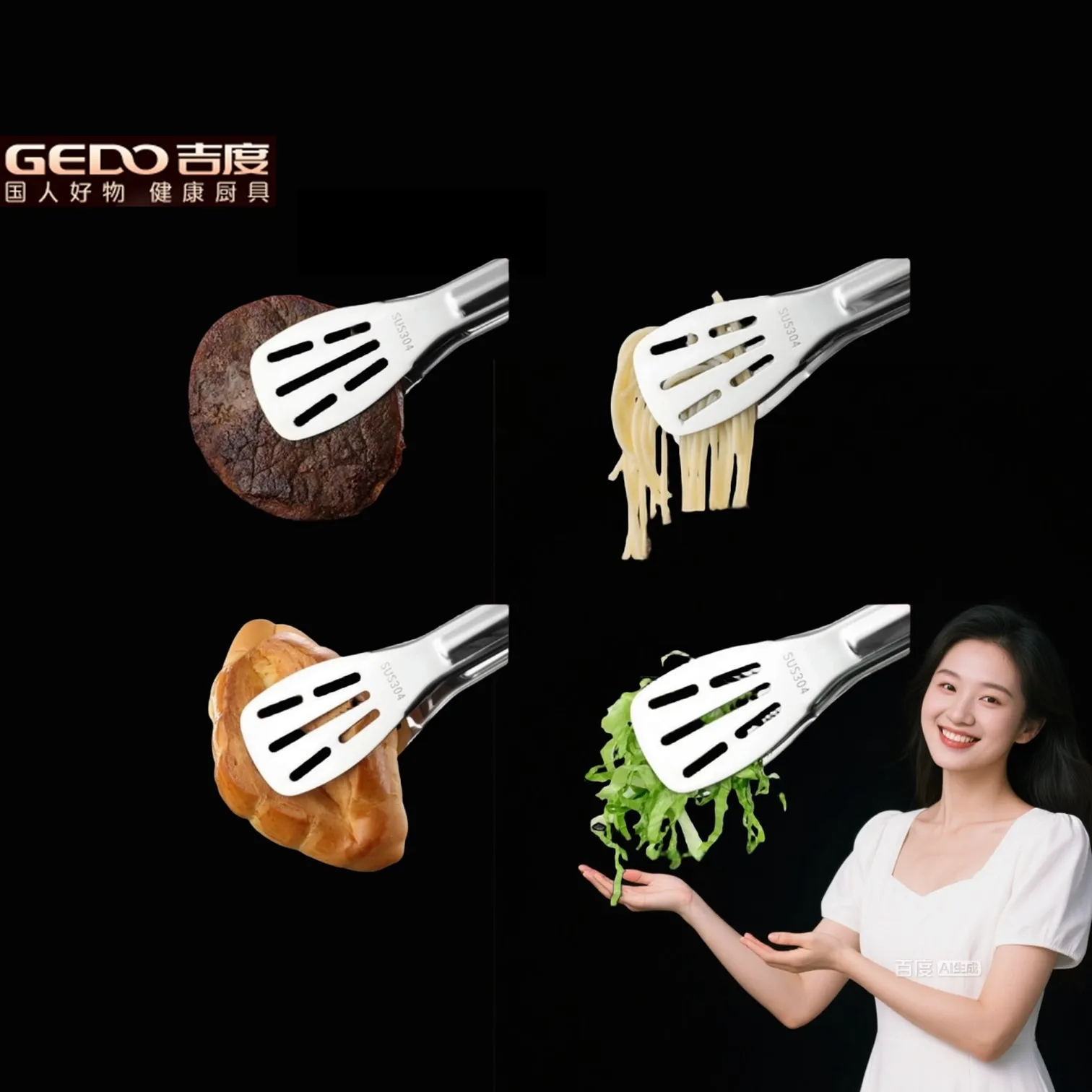 

GEDO Kitchen Noodle and Steak Cooking Clamp LFGB Certification 304 Stainless Steel Reflective Barbecue Tongs with Drainage Holes