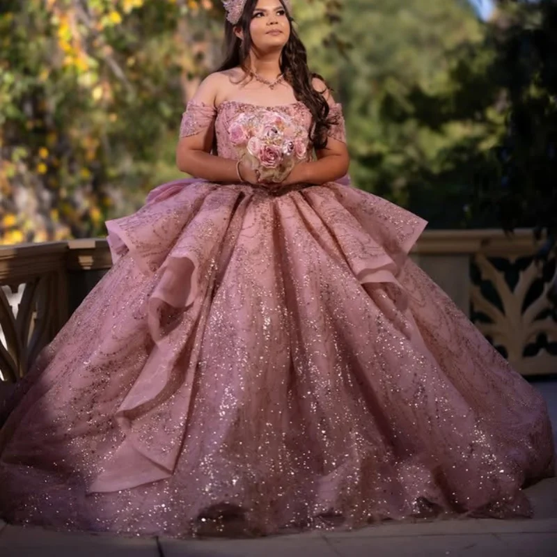 

Shiny Pink Quinceanera Dress off-shoulder crystal glitter decal Long tail Bow layering vestidos de 15 Quinceanera ﻿Customize