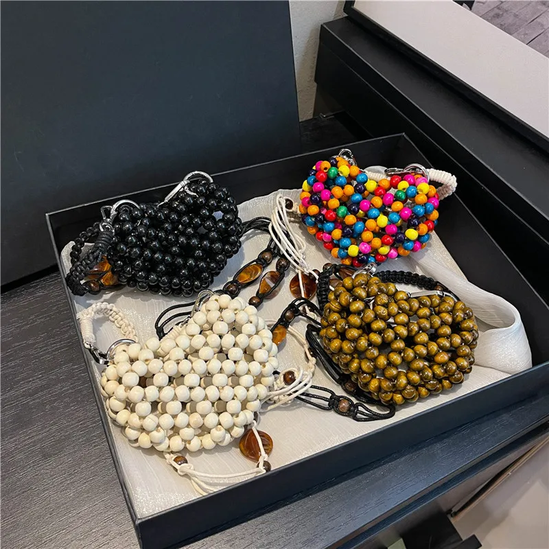 

Fashionable Knitted Small Bag for Girls Hollow out Colored Bead Single Shoulder Crossbody Love Bag Trendy Accessories