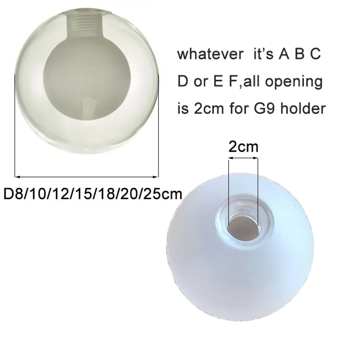 G9 Glass Shade D8/10/12/15/20cm Globe 2cm Fitter Opening Replacement Lampshade for Lusture Pendant Light,Clear White Accessory