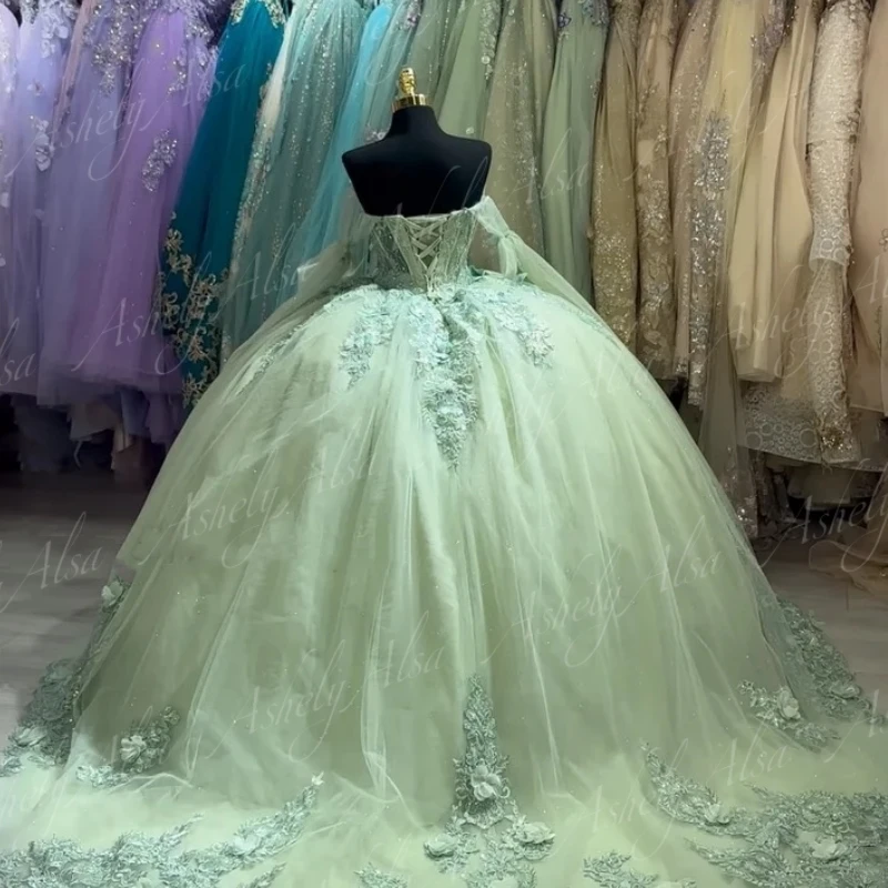 Luxury Princess Girl Quinceanera Dress Ball Gown Off Shoulder Crystal Flower Applique Women Birthday Party Prom Dress 15 Formal