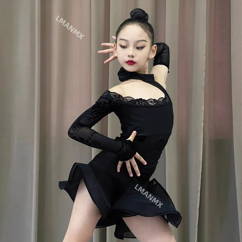 2024 New Children's Latin Dance Dress Black Autumn Edition Children's Autumn High end Professional Practice Dress