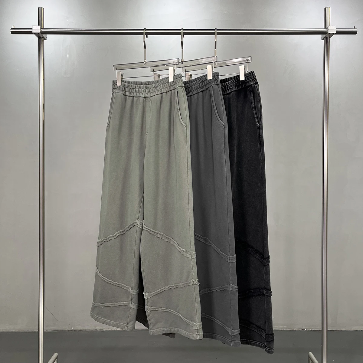 Autumn Winter Cotton Splicing Irregular Fraying Vintage Acid Wash Straight Leg Sweatpants Baggy Casual Distressed Joggers Men