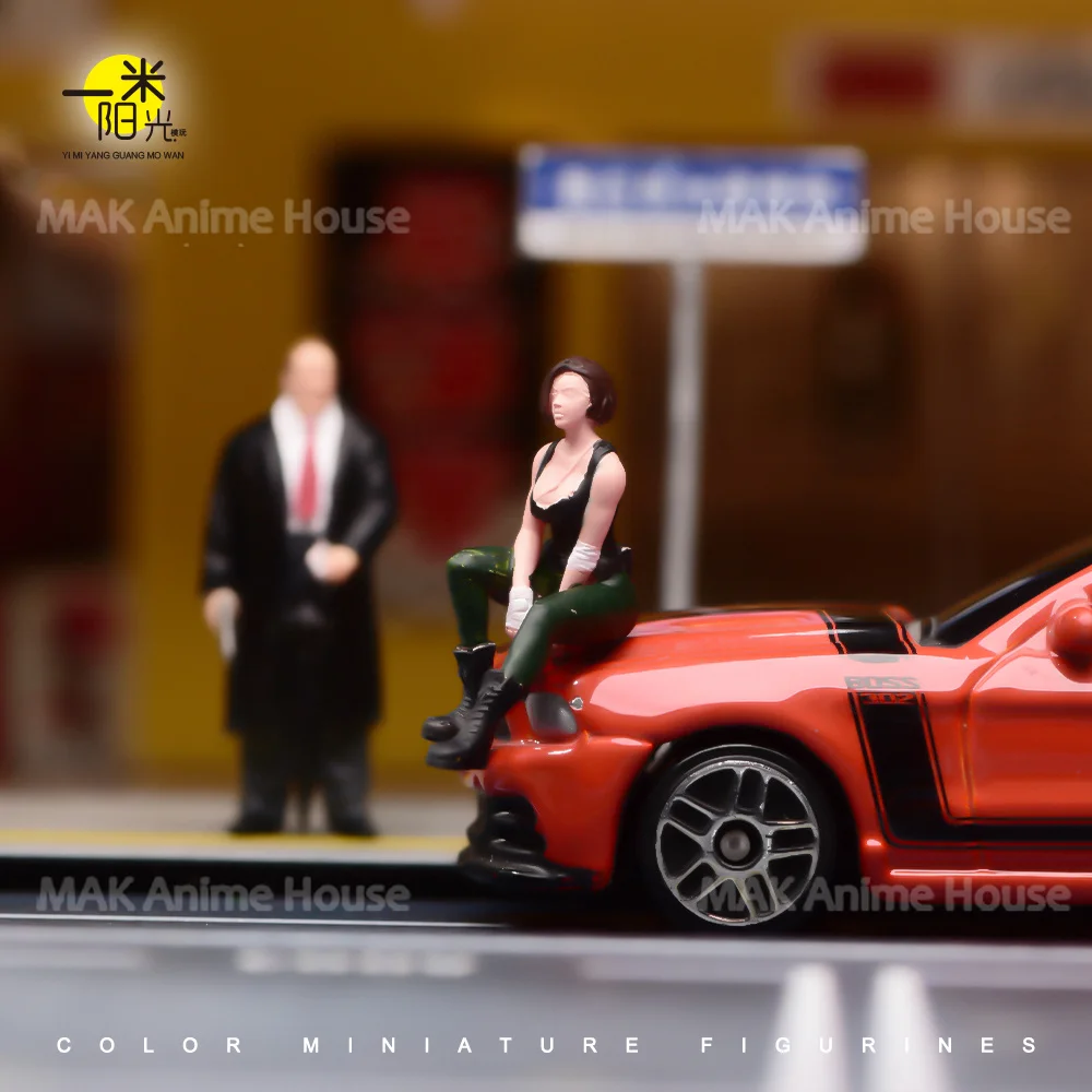 Miniatures 1/87 1/64 1/43 1/24 1/18Gun Wielding Assassin Sitting Female Windbreaker Male Figures Model Scene Prop Doll Car Toys